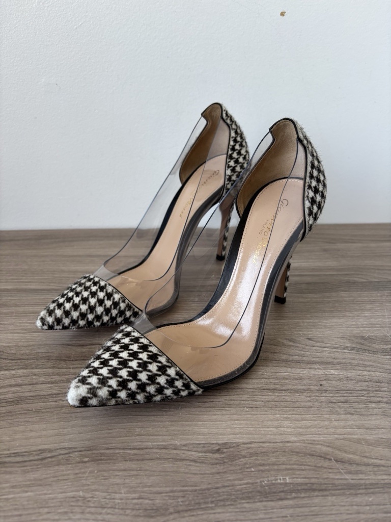 Gianvito Rossi Brown Houndstooth Plexi Heels Authentic Sz 6 Us